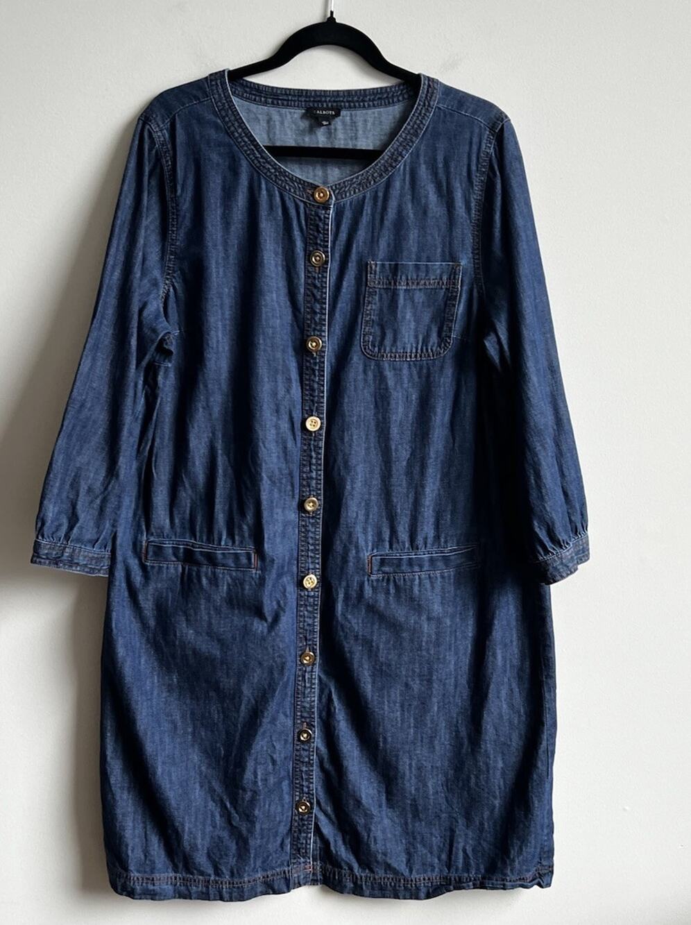 Talbots XL Shirt Dress Blue Button Front Pockets Denim Casual Preppy Classic